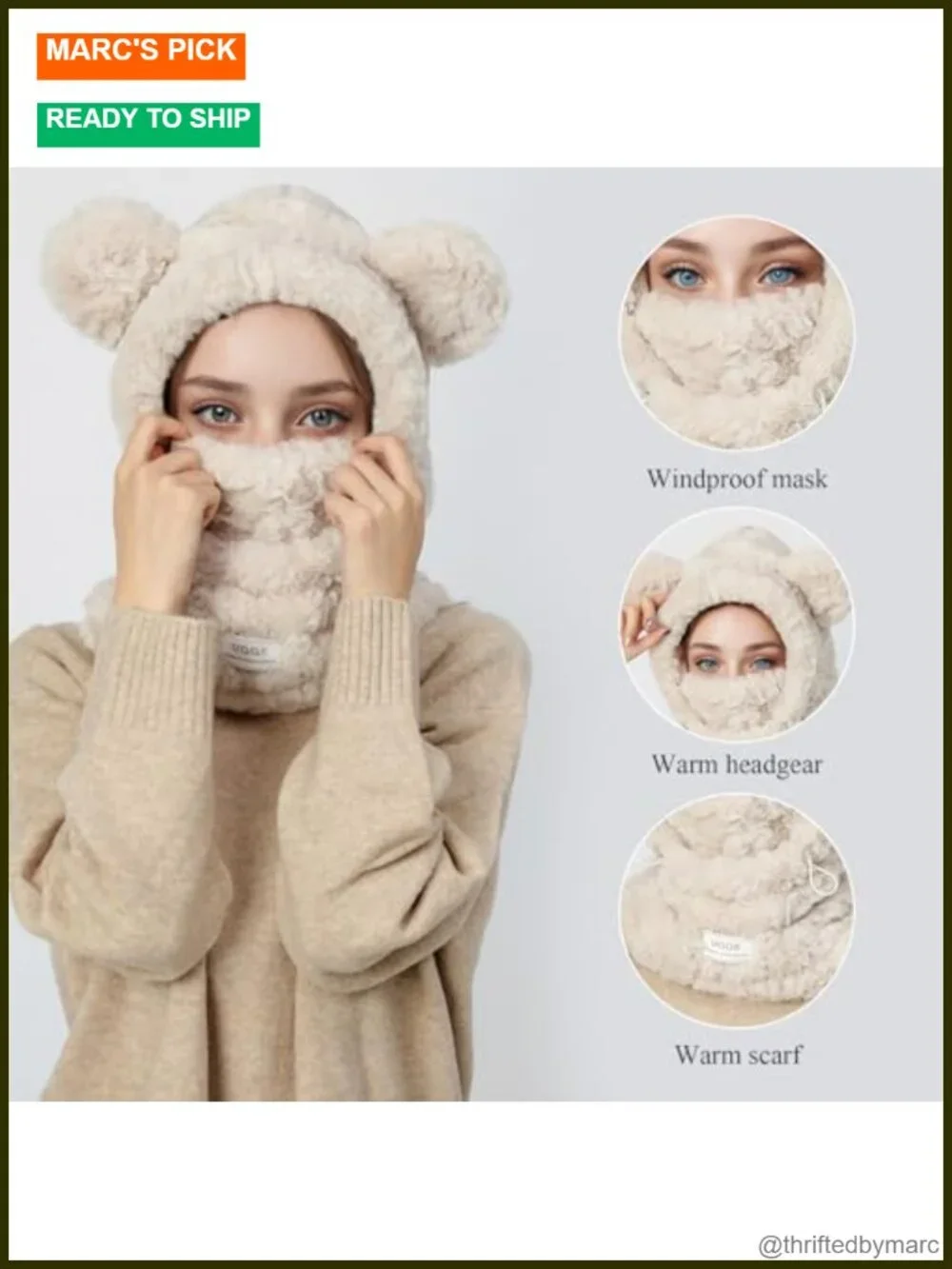 3 in 1 Hooded Scarf with Mittens Cat Bear Ears Polar Fleece Winter Set